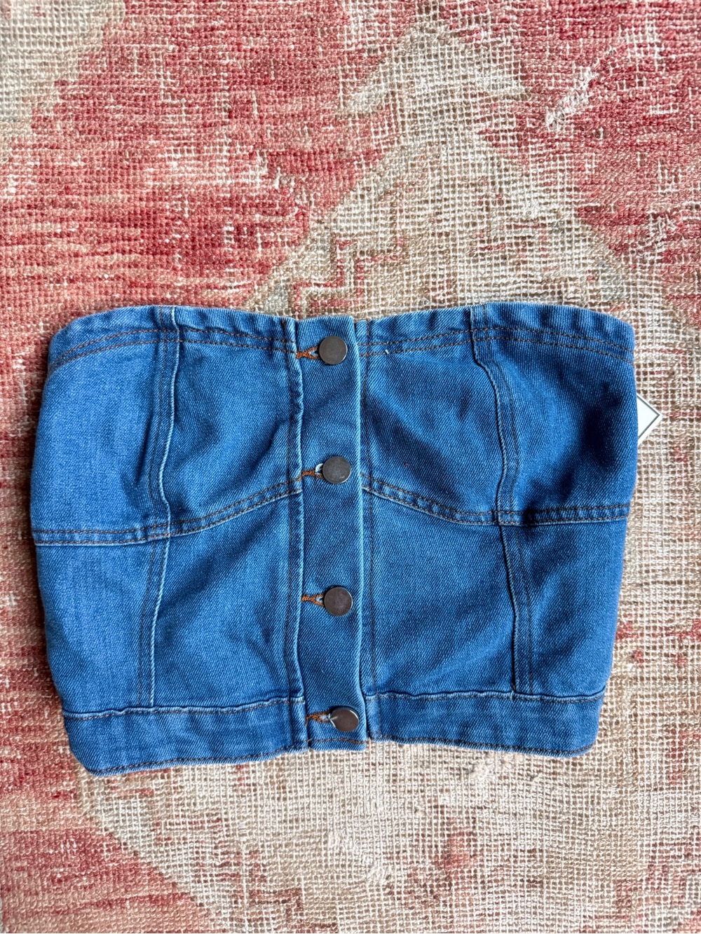 Strapless Denim Button-Front Crop Top in Blue